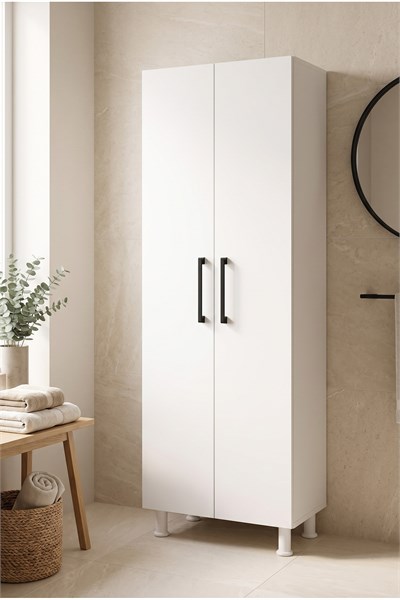 Banyo Dolabı 2 Kapaklı Süpürge Nişli Raflı Çok Amaçlı Temizlik Dolabı Beyaz 54 Cm