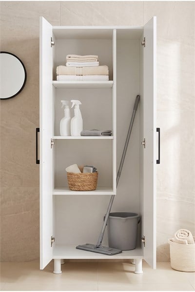 Banyo Dolabı 2 Kapaklı Süpürge Nişli Raflı Çok Amaçlı Temizlik Dolabı Beyaz 54 Cm