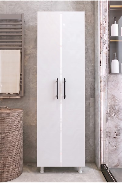 Banyo Dolabı 2 Kapaklı Süpürge Nişli Raflı Çok Amaçlı Kiler Temizlik Dolabı Beyaz 54 Cm