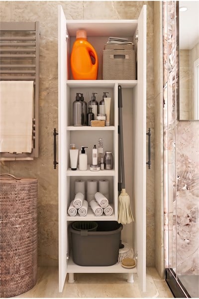 Banyo Dolabı 2 Kapaklı Süpürge Nişli Raflı Çok Amaçlı Kiler Temizlik Dolabı Beyaz 54 Cm