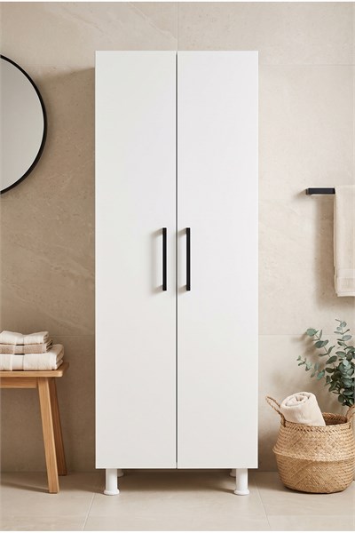 Banyo Dolabı 2 Kapaklı Süpürge Nişli Raflı Çok Amaçlı Temizlik Dolabı Beyaz 54 Cm