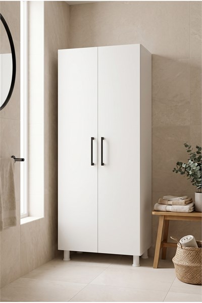 Banyo Dolabı 2 Kapaklı Ütü Masası & Süpürge Nişli Raflı Çok Amaçlı Temizlik Dolabı Beyaz 61 Cm