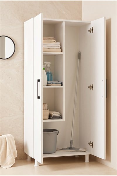 Banyo Dolabı 2 Kapaklı Ütü Masası & Süpürge Nişli Raflı Çok Amaçlı Temizlik Dolabı Beyaz 61 Cm