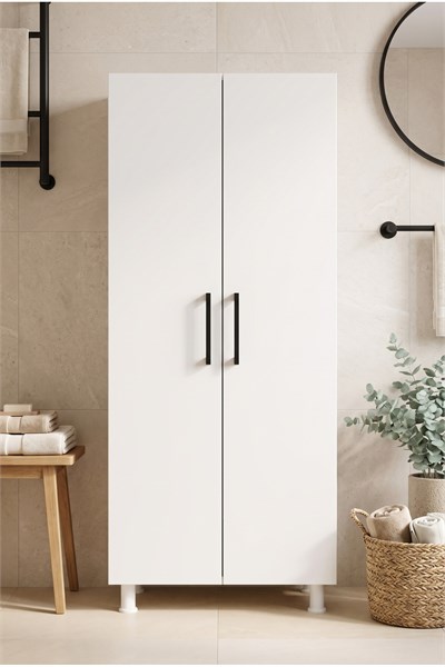 Banyo Dolabı 2 Kapaklı Ütü Masası & Süpürge Nişli Raflı Çok Amaçlı Temizlik Dolabı Beyaz 61 Cm