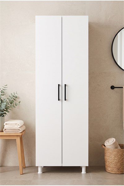 Banyo Dolabı 2 Kapaklı Uzun Boy Süpürge Nişli Raflı Çok Amaçlı Temizlik Dolabı Beyaz 61 Cm