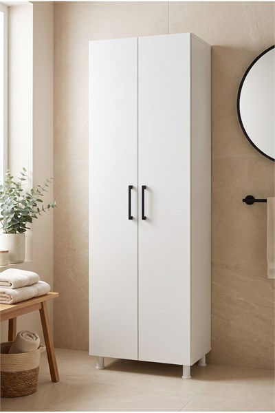 Banyo Dolabı 2 Kapaklı Uzun Boy Süpürge Nişli Raflı Çok Amaçlı Temizlik Dolabı Beyaz 61 Cm