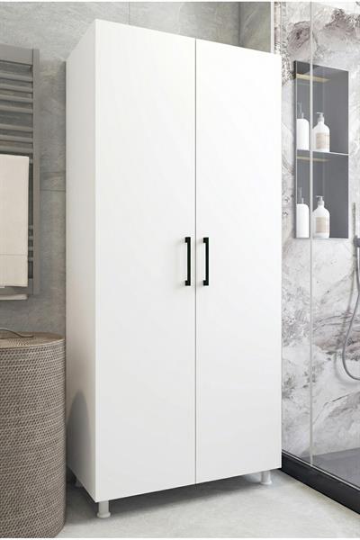 Banyo Dolabı Süpürgelik Kova Deterjan Saklama 2 Kapaklı Çok Raflı Beyaz 85x174 Cm