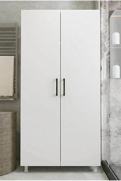 Banyo Dolabı Süpürgelik Kova Deterjan Saklama 2 Kapaklı Çok Raflı Beyaz 85x174 Cm