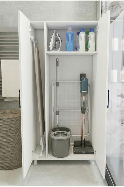 Banyo Dolabı Süpürgelik Kova Deterjan Saklama 2 Kapaklı Çok Raflı Beyaz 85x174 Cm