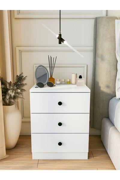 Bazalı Komodin 3 Çekmeceli Parlak Beyaz Yatak Odası Komodini 45x58 Cm