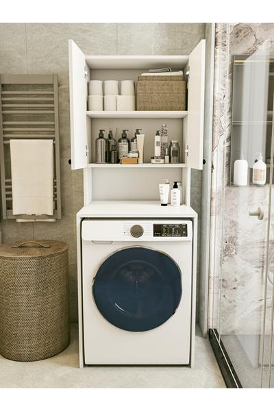 Çamaşır Makinesi Dolabı Parlak Beyaz Modern Banyo Dolabı