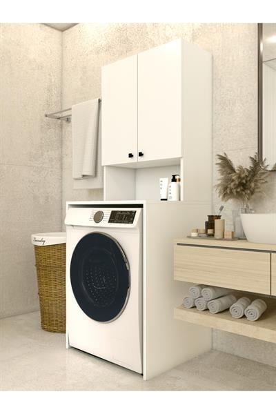 Çamaşır Makinesi Üstü Düzenleyici Parlak Beyaz Modern Banyo Dolabı