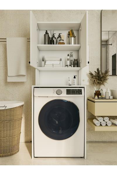 Çamaşır Makinesi Üstü Düzenleyici Parlak Beyaz Banyo Dolabı