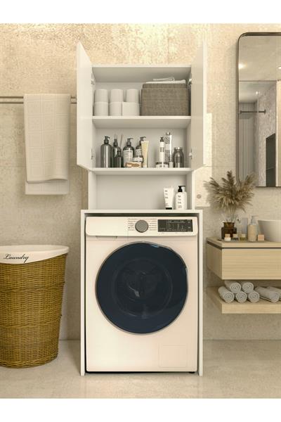 Çamaşır Makinesi Üstü Düzenleyici Parlak Beyaz Modern Banyo Dolabı
