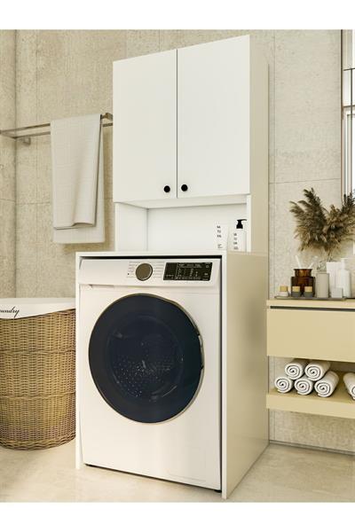 Çamaşır Makinesi Üstü Düzenleyici Parlak Beyaz Banyo Dolabı