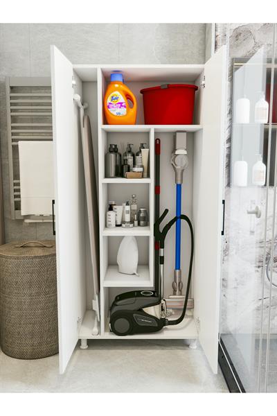 Çok Amaçlı Dolap Beyaz Banyo Düzenleyici Kiler Dolabı Kova Süpürge Deterjan Dolabı
