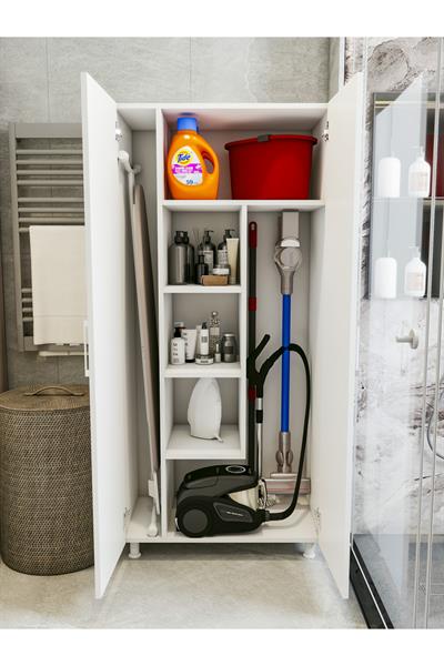Çok Amaçlı Dolap Beyaz Banyo Düzenleyici Kiler Dolabı Kova Süpürge Deterjan Dolabı Krom