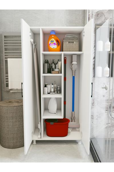 Çok Amaçlı Dolap Beyaz Banyo Düzenleyici Kiler Dolabı Kova Süpürge Deterjan Dolabı