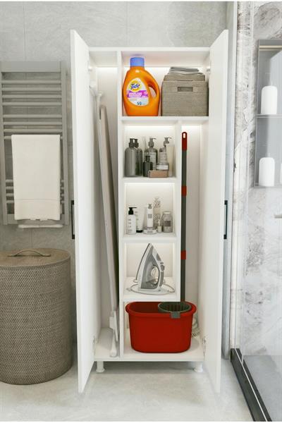 Çok Amaçlı Dolap Beyaz Banyo Düzenleyici Kiler Dolabı Kova Süpürge Deterjan Dolabı 2