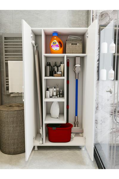 Çok Amaçlı Dolap Beyaz Banyo Düzenleyici Kiler Dolabı Kova Süpürge Deterjan Dolabı Krom