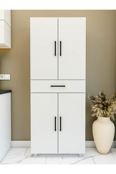 Çok Amaçlı Dolap Parlak Beyaz Dolap Çekmeceli 4 Kapaklı Dolap