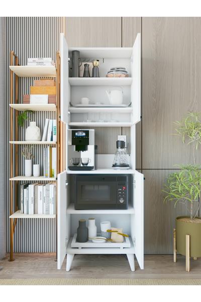 Kahve Köşesi Dolabı 4 Kapaklı Çok Amaçlı Mutfak Dolabı 60x180 Cm Parlak Beyaz