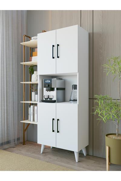 Kahve Köşesi Dolabı 4 Kapaklı Çok Amaçlı Mutfak Dolabı 65x175 Cm Parlak Beyaz