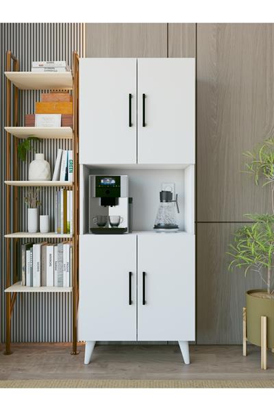 Kahve Köşesi Dolabı 4 Kapaklı Çok Amaçlı Mutfak Dolabı 65x175 Cm Parlak Beyaz