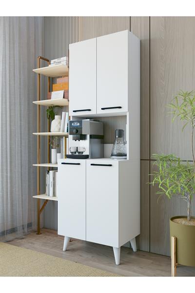 Kahve Köşesi Dolabı 4 Kapaklı Çok Amaçlı Mutfak Dolabı 60x180 Cm Parlak Beyaz