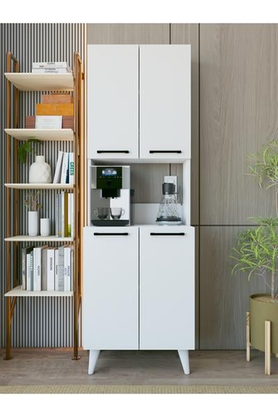 Kahve Köşesi Dolabı 4 Kapaklı Çok Amaçlı Mutfak Dolabı 60x180 Cm Parlak Beyaz