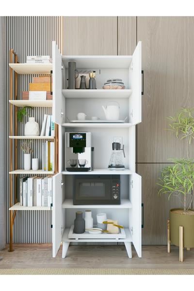 Kahve Köşesi Dolabı 4 Kapaklı Çok Amaçlı Mutfak Dolabı 65x175 Cm Parlak Beyaz