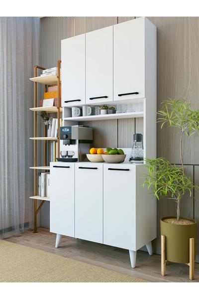 Kahve Köşesi Dolabı 6 Kapaklı Çok Amaçlı Mutfak Dolabı 90x200 Cm Parlak Beyaz