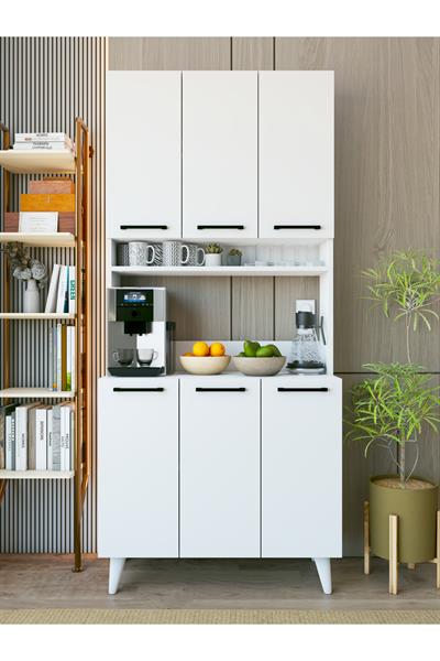Kahve Köşesi Dolabı 6 Kapaklı Çok Amaçlı Mutfak Dolabı 90x200 Cm Parlak Beyaz