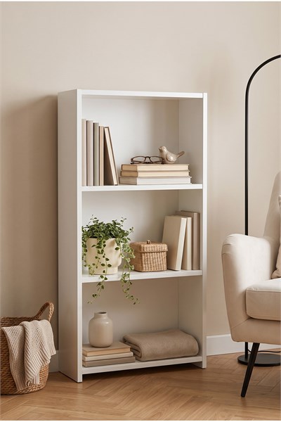 Kitaplık 3 Raflı Alçak Açık Raf Okuma Köşesi Kitap Dekorasyon Rafı Salon Çocuk Odası Kitaplığı Beyaz 57 Cm