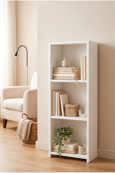 Kitaplık 3 Raflı Dar Alçak Açık Raf Okuma Köşesi Kitap Dekorasyon Rafı Salon Çocuk Odası Kitaplığı Beyaz 38 Cm