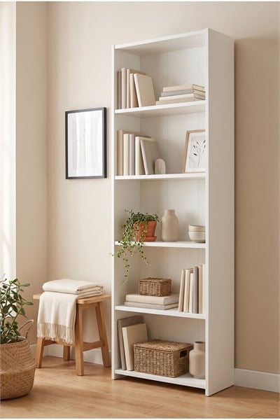 Kitaplık 5 Raflı Açık Raf Kitap Dosya Dekorasyon Rafı Ofis Salon Çalışma Odası Kitaplığı Beyaz 57 Cm