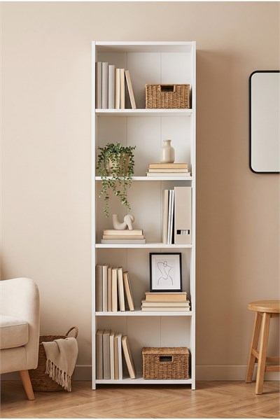 Kitaplık 5 Raflı Açık Raf Kitap Dosya Dekorasyon Rafı Ofis Salon Çalışma Odası Kitaplığı Beyaz 57 Cm