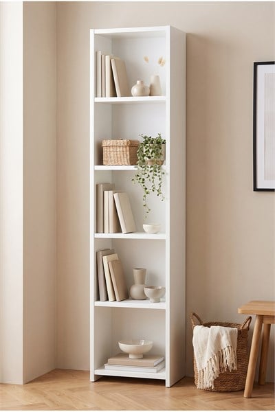 Kitaplık 5 Raflı Dar Açık Raf Kitap Dekorasyon Rafı Ofis Salon Çalışma Odası Kitaplığı Beyaz 38 Cm