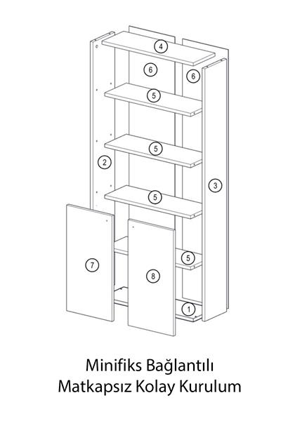 Kitaplık Parlak Beyaz 5 Raflı Kapaklı Modern Kitaplık