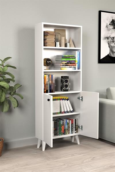 Kitaplık Parlak Beyaz 5 Raflı Kapaklı Modern Kitaplık