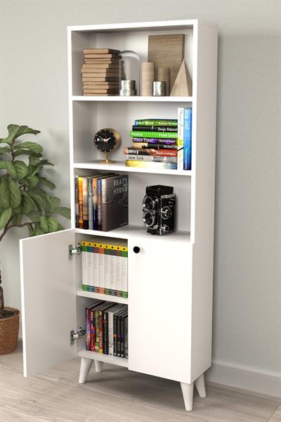 Kitaplık Parlak Beyaz 5 Raflı Kapaklı Modern Kitaplık