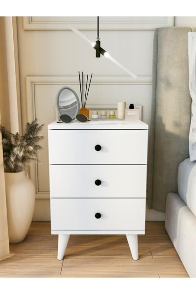 Komodin Parlak Beyaz 3 Çekmeceli Modern Komodin Yatak Odası