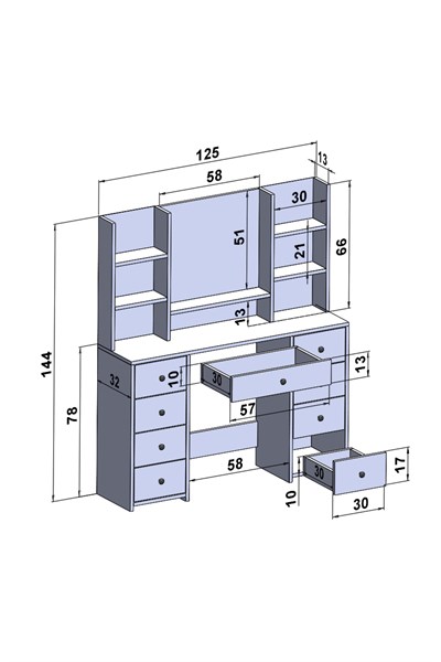 Makyaj Masası Aynalı Raflı 9 Çekmeceli Beyaz 123 Cm