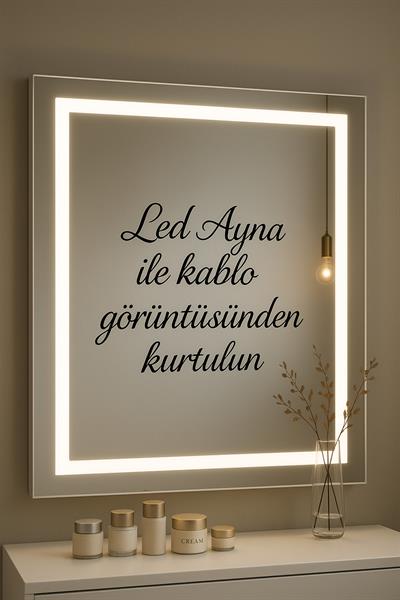 Makyaj Masası Beyaz Takı Aksesuar Düzenleyici Çekmeceli Raflı Aynalı Özel Led Ayna Kare