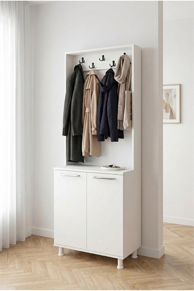 Portmanto 2 Kapaklı Askılıklı Ayakkabılıklı Raflı Vestiyer Antre Portmantosu Beyaz 61 Cm