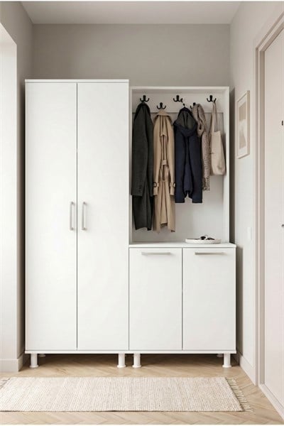 Portmanto 4 Kapaklı Askılıklı Boy Dolaplı Ayakkabılıklı Vestiyer Antre Takımı Beyaz 122 Cm