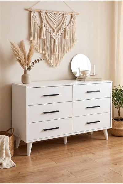 Şifonyer 6 Çekmeceli Geniş Konik Ayaklı Beyaz Yatak Odası Konsolu 117 Cm