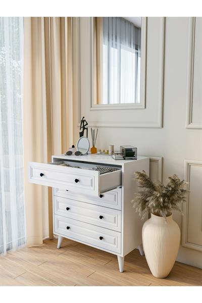 Şifonyer Parlak Beyaz 4 Çekmeceli Country Şifonyer