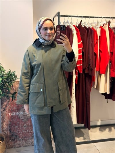 Süet Yaka Premium Trençkot Haki