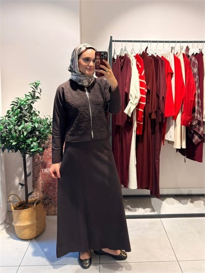 Triko Kalp Desen Etekli Takım Kahverengi